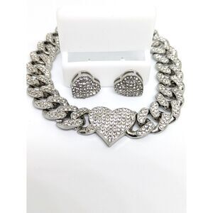 Iced Out Heart Cuban Link (9in) Bracelet & Earring CZ Silver Tone set for Women